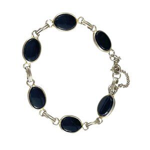 Elegant Gold & Black Onyx Oval Link Bracelet With Safety Chain
